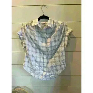 Japna Lavender and Cream Plaid Cap Sleeve Button Down Top, XS